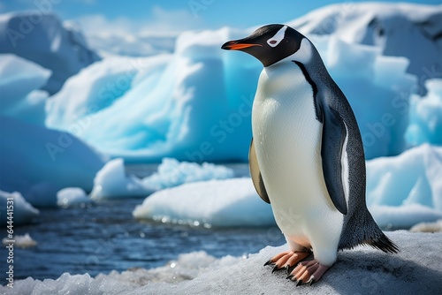 Lone penguin on beach  icebergs backdrop  Antarctic solitude captured