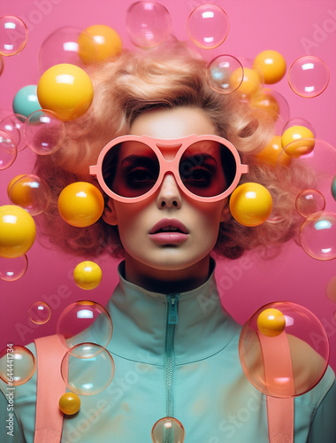Pink hipster fashion trendy model bubbles balloon glasses glamour party