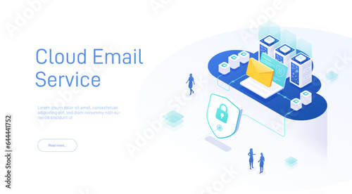 Email service security concept. Creative vector isometric illustration. Electronic mail message as part of business marketing. Webmail or mobile service layout for website landing page.