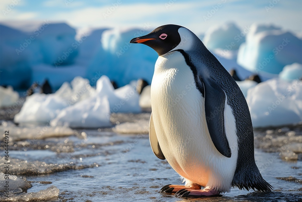 Naklejka premium Penguin on beach, framed by icebergs, embraces the serene polar landscape