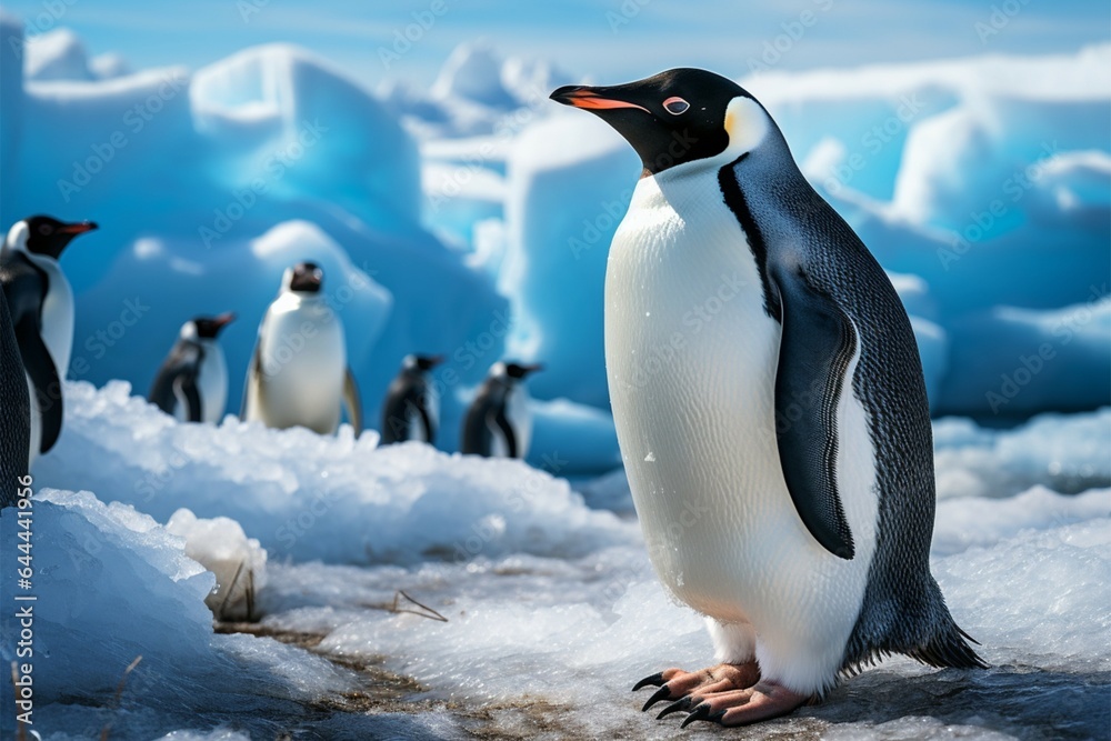 Fototapeta premium Penguins tranquil seaside moment, flanked by icebergs, frozen serenity
