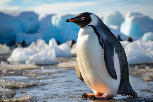 Penguin on beach, framed by icebergs, embraces the serene polar landscape