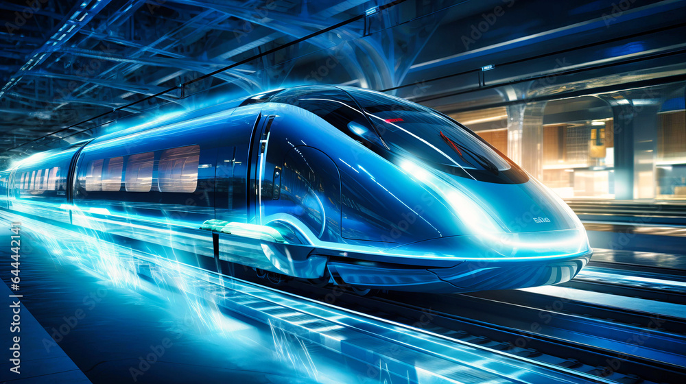 Fototapeta premium Magnetic field propulsion trains floating above tracks