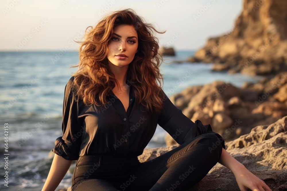 beautiful young woman sitting on a rock near the sea