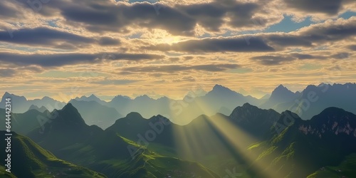 AI Generated. AI Generative. Sun ligh rays from the coulds on green mountains. Outdoor nature adventure landscape background. Graphic Art