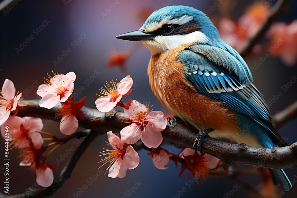 Vibrant avian visitor graces a blossoming branch with blue and orange