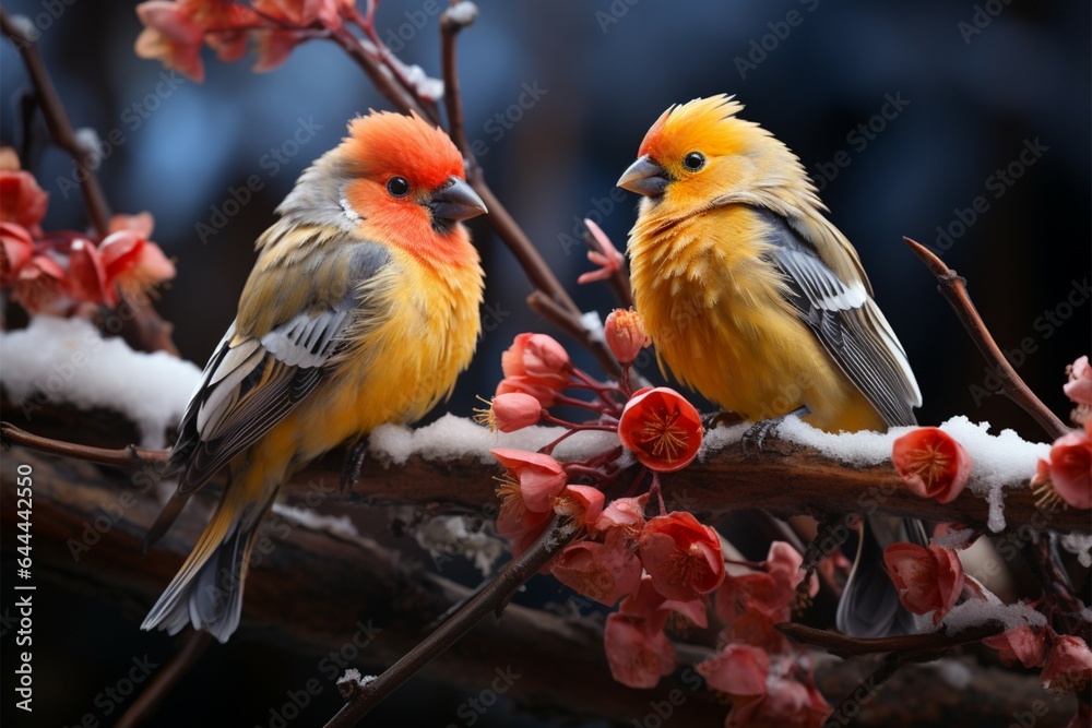Vibrant feathered friends add a splash of color to winters beauty