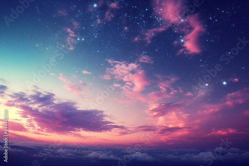 close up of twilight sky with pink clouds and stars
