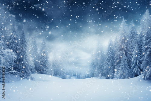 beautiful snowy background with a winter forest © World of AI