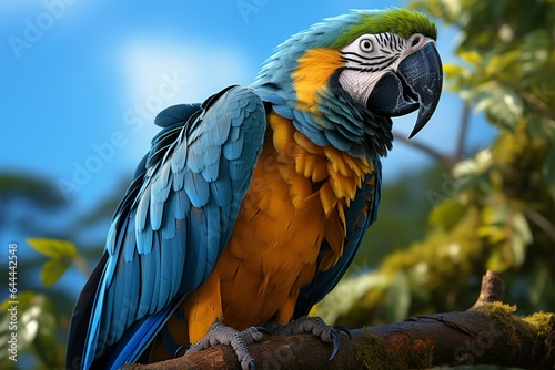 Vibrant blue green macaw, perched on a tree branch, brought to life in 3D