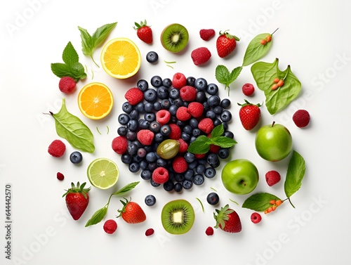 a collection of healthy food meat vegetables fruit white background, generative ai © Miftah