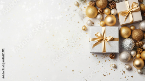 Two Christmas gift boxes with gold ribbon surrounded by gold and silver baubles on white backdrop, Merry Christmas background with copy space.