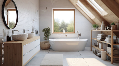 White and wooden bathroom interior design  his and hers double countertop basin  modern minimalist japandi 3D illustration.