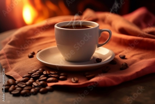 A cup of hot coffee and freshly roasted coffee beans in the morning, background with beautiful light and copy space, close up shot. 