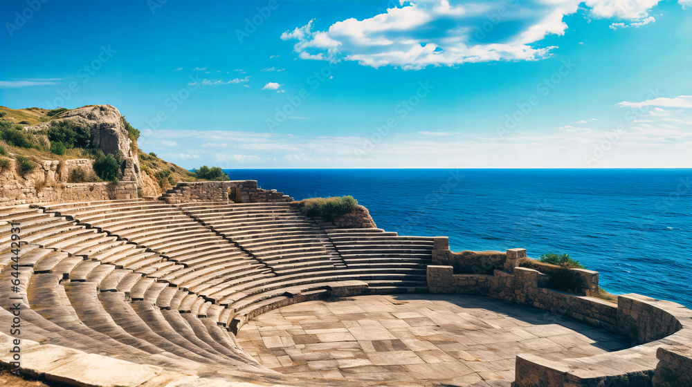 Ancient Greek amphitheater overlooking the sea - obrazy, fototapety, plakaty 