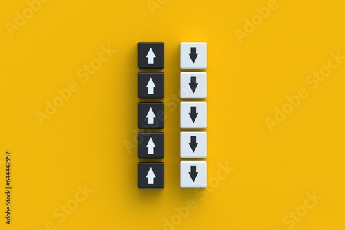 Opposite opinion. Backward strategy. Reverse reaction. Conflict vision. Rival business. Uncertain choice. Different trends. Confrontation concept. Arrows on cubes on orange background. 3d render