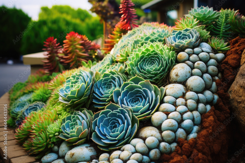 Succulent landscaping garden with rocks and variety of cactus at the flower dome. Generative AI