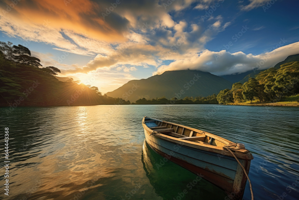 Fototapeta The morning sun shone on the lake and the boat swayed gently. Generative AI