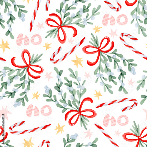 Mistletoe bouquet with red ribbon, candy canes, and stars. Watercolor Christmas seamless pattern