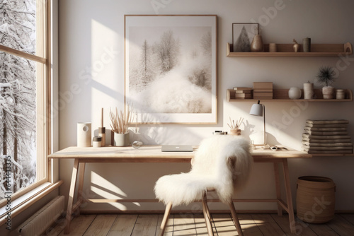White home office design in scandinavian style. Workspace with poster, chair and modern furniture. Generative AI