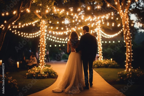 The bride and groom hugging. Decorative night garden wedding outdoor in garden with warm glow string lights. Generative AI