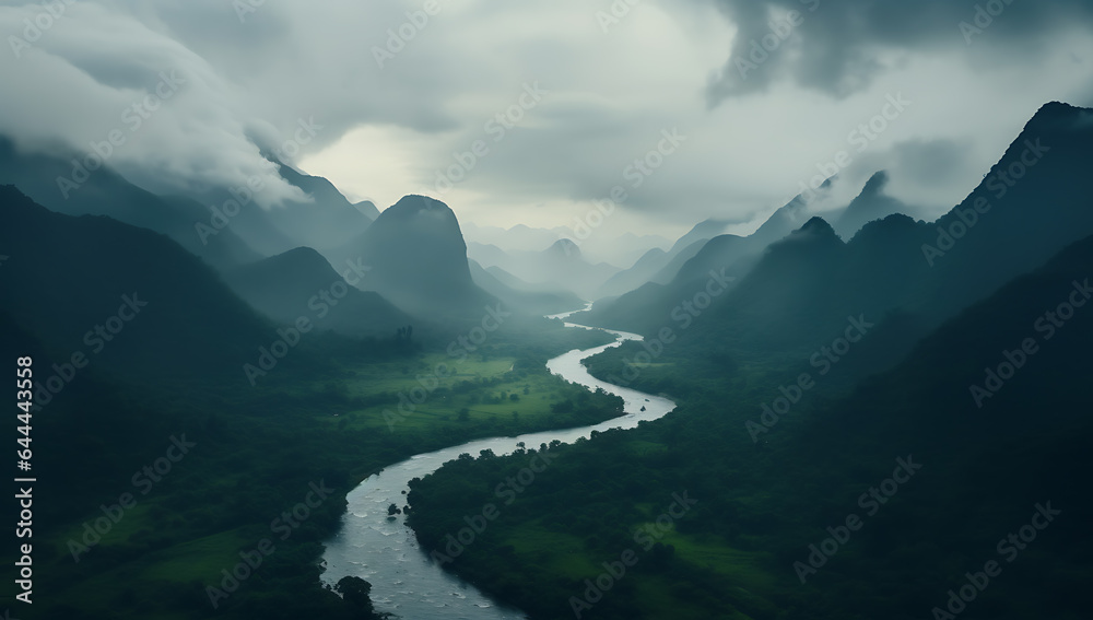 Mountain landscape with river and fog in the morning