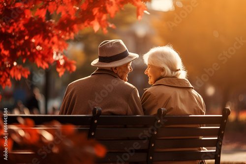 Elderly people  a man and a woman  are sitting on bench in the autumn park having a cute conversation
