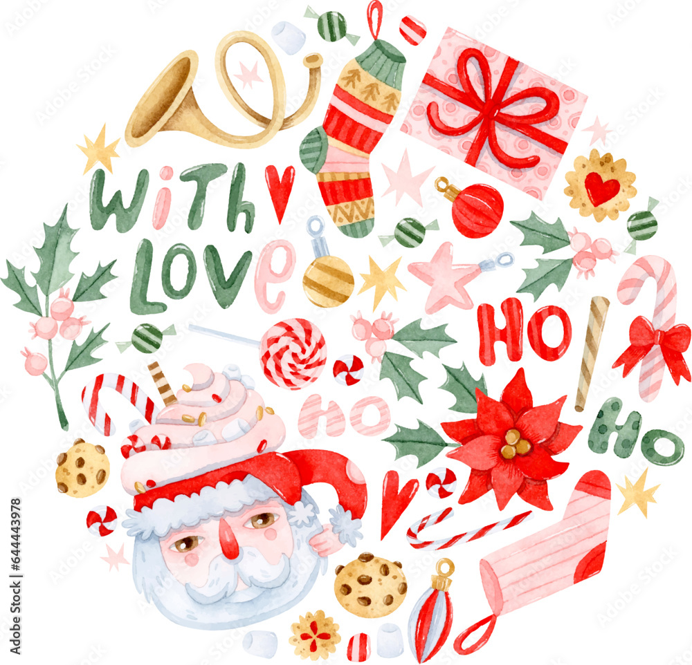 Watercolor round Christmas illustration with Santa Claus mug, presents, lettering and stockings Watercolor round Christmas illustration with Santa Claus mug, presents, lettering and stockings