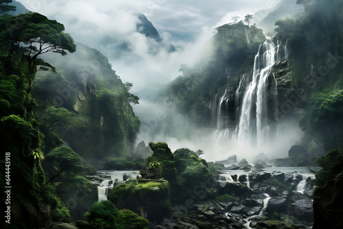 Mountain waterfall in the misty forest