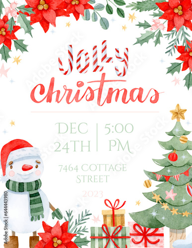 Watercolor Christmas frame with snowman and Christmas tree for invitation
