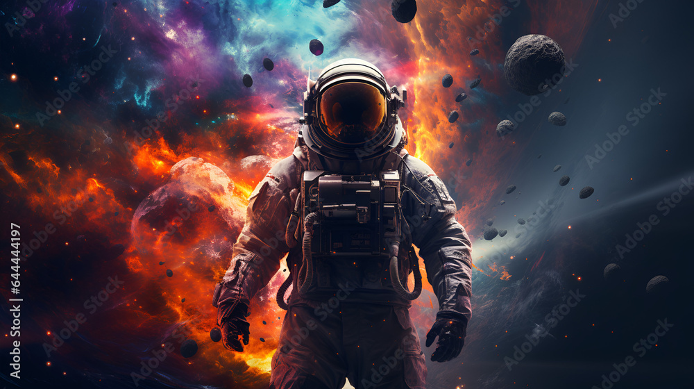 astronaut in the middle of a colorful galaxy