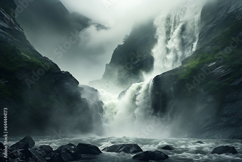 Waterfall in the mountains. Mountain river in the misty morning