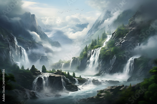 Beautiful waterfall in the mountains with fog in the morning