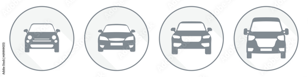 Simple car icon collection in a circle with a flat shadow. Front view symbol of auto, vehicle, automobile, sedan, van. Transport, car sharing, or delivery concept icons. Flat style vector illustration Simple car icon collection in a circle with a flat shadow. Front view symbol of auto, vehicle, automobile, sedan, van. Transport, car sharing, or delivery concept icons. Flat style vector illustration