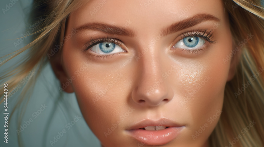 Extreme close-up on woman face with perfect skin and stunning gaze - obrazy, fototapety, plakaty 