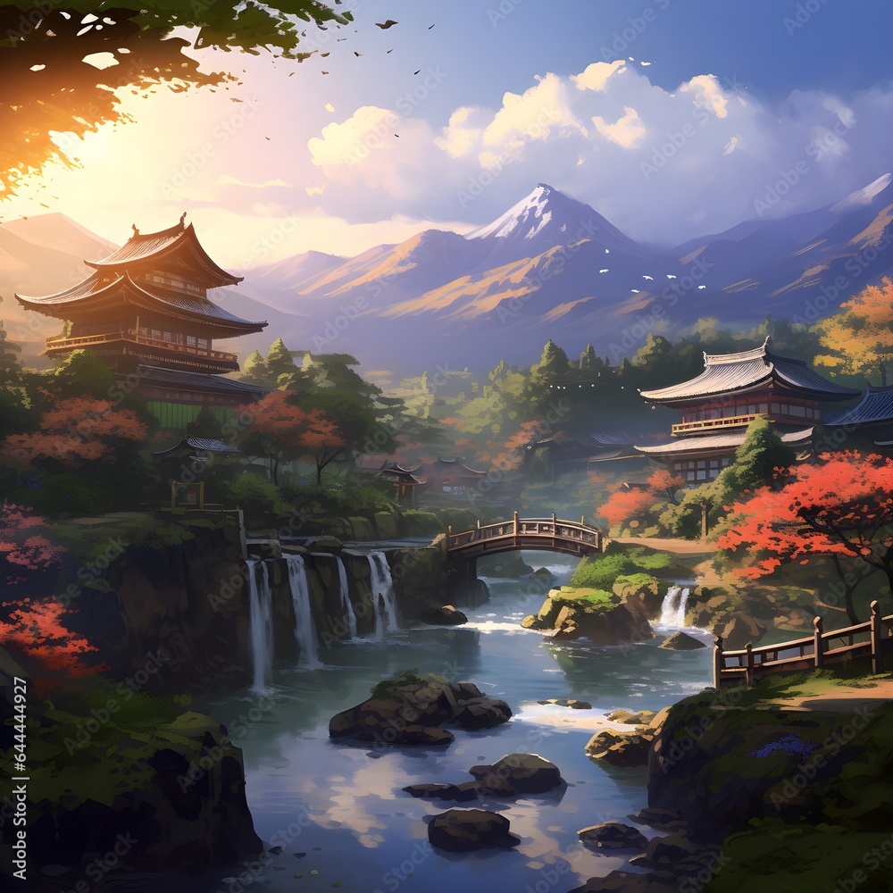 Obraz premium Animation of pink Japanese natural scenery and castles, AI generative