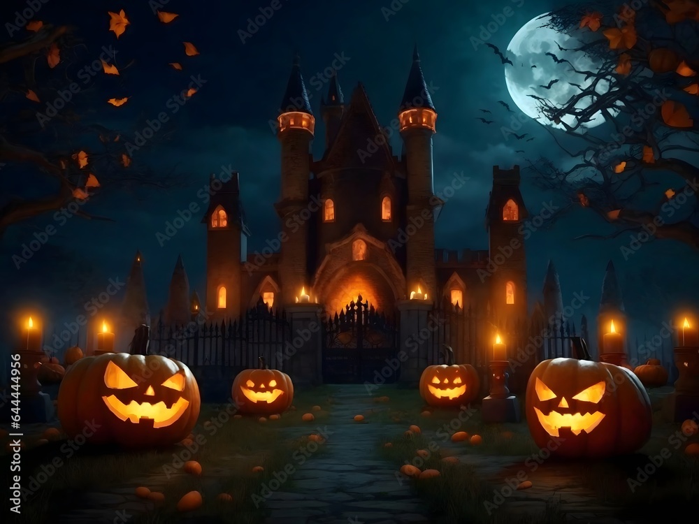 Halloween Spooky Background with Selective Focus and Copy Space Halloween Background with Scary Pumpkins Candles in The Graveyard at Night with A Castle Background AI Generative Halloween Spooky Background with Selective Focus and Copy Space Halloween Background with Scary Pumpkins Candles in The Graveyard at Night with A Castle Background AI Generative