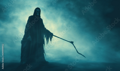ghost night horror halloween fear hood death evil creepy skeleton. Generative AI.