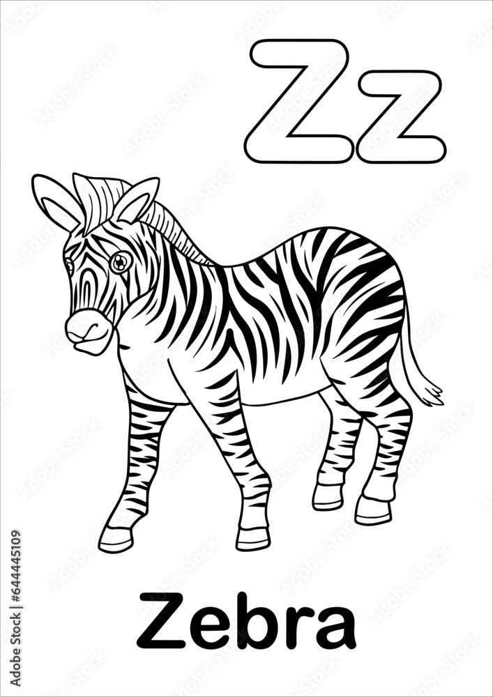 ABC Animal Alphabet Coloring Pages for educational activity, identify animals and read the words on each page