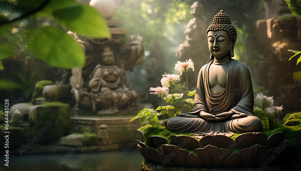 Buddha statue in the garden with beautiful bokeh background