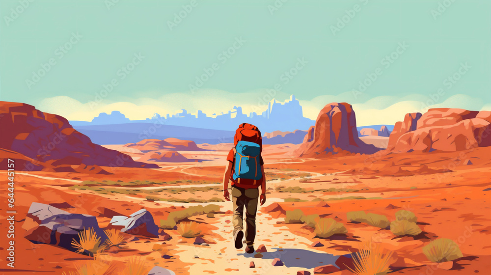 man nature journey landscape trek backpack travel hike adventure desert walking. Generative AI.