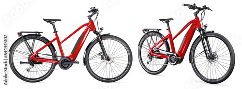 red modern mid drive motor city touring or trekking e bike pedelec with electric engine middle mount. battery powered ebike isolated white background. Innovation transportation concept. photo