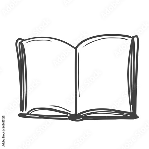 Book icon. Simple outline drawing of closed and opened books, doodle. Vector hand drawn illustration in black and white. Isolated on white background