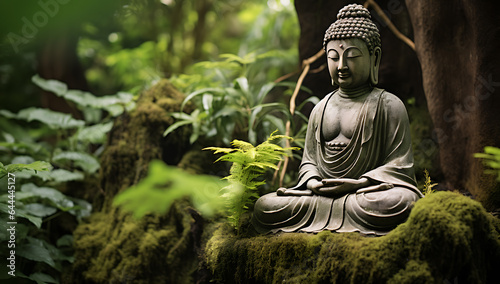 Buddha statue in the garden with green moss and tree background