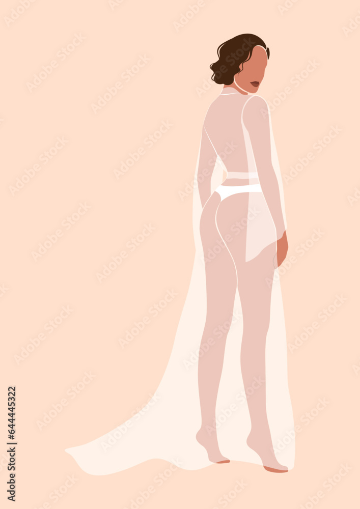 Fototapeta premium abstract young woman of color in white dress, lady in elegant sleepwear, beautiful girl in loungewear, bride to be, isolated vector illustration