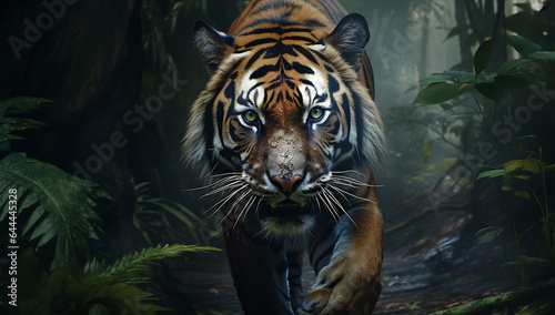Sumatran tiger in the jungle. Wildlife scene from nature.