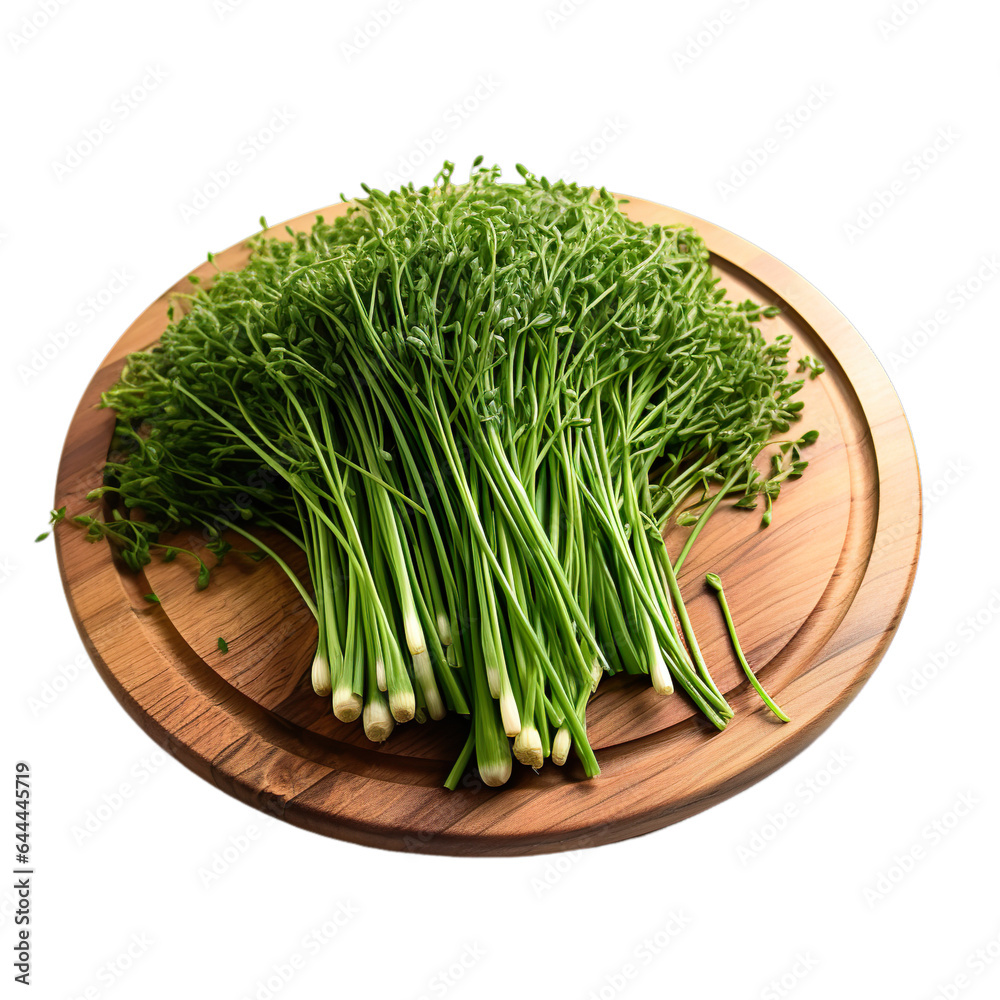Chives on wooden plate, platter isolated on transparent background. Chives on wooden plate, platter isolated on transparent background.