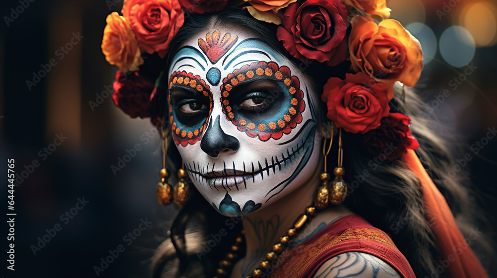 Beautiful Mexican woman with festive make-up, flowers and a skull for the day of the dead. mexican day of the dead Beautiful Mexican woman with festive make-up, flowers and a skull for the day of the dead. mexican day of the dead