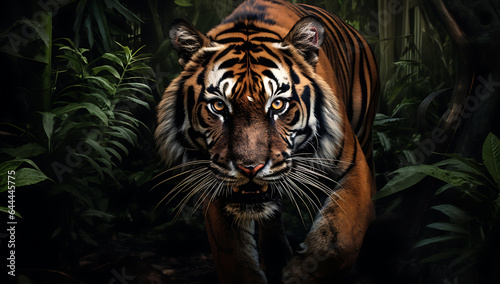 Tiger in the jungle,3d rendering. Computer digital drawing.