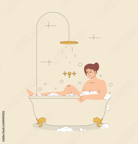 Happy plump woman in bath with foam spa vector illustration